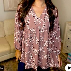 Women's Heimish USA Long Puff Sleeve V Neck Floral Print Babydoll Top Size L